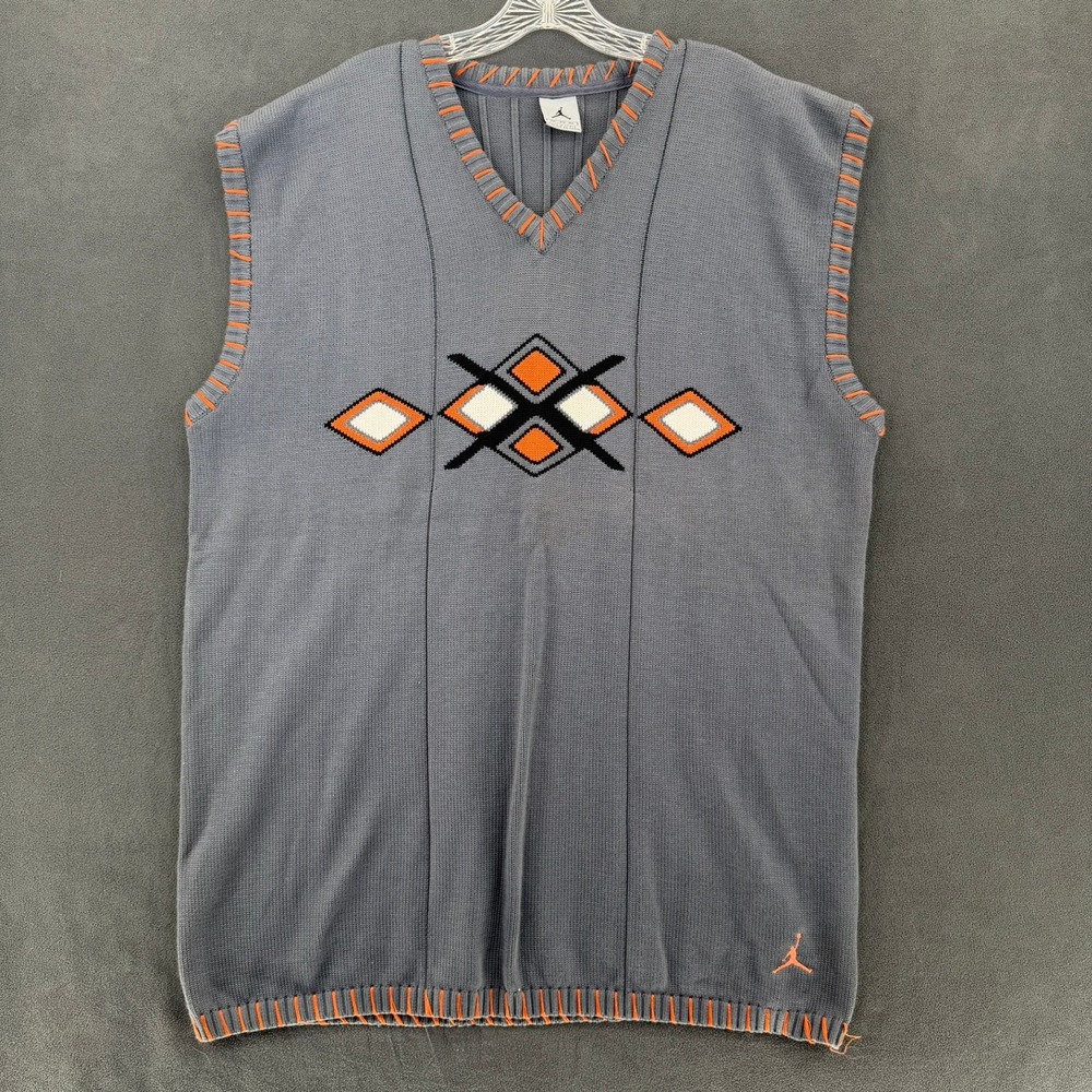 VTG Nike Air Jordan Argyle Sweater Vest 3XL Gray Orange Knit Jumpman Y2K READ